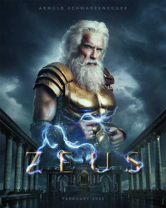 Загадочный Арнольд Шварценеггер в образе Зевса на рекламном плакате